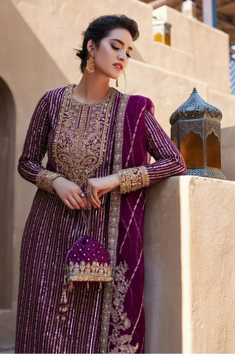 Royal Plum & Metallic Gold: Embroidered Chiffon Suit