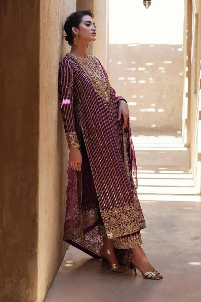 Royal Plum & Metallic Gold: Embroidered Chiffon Suit