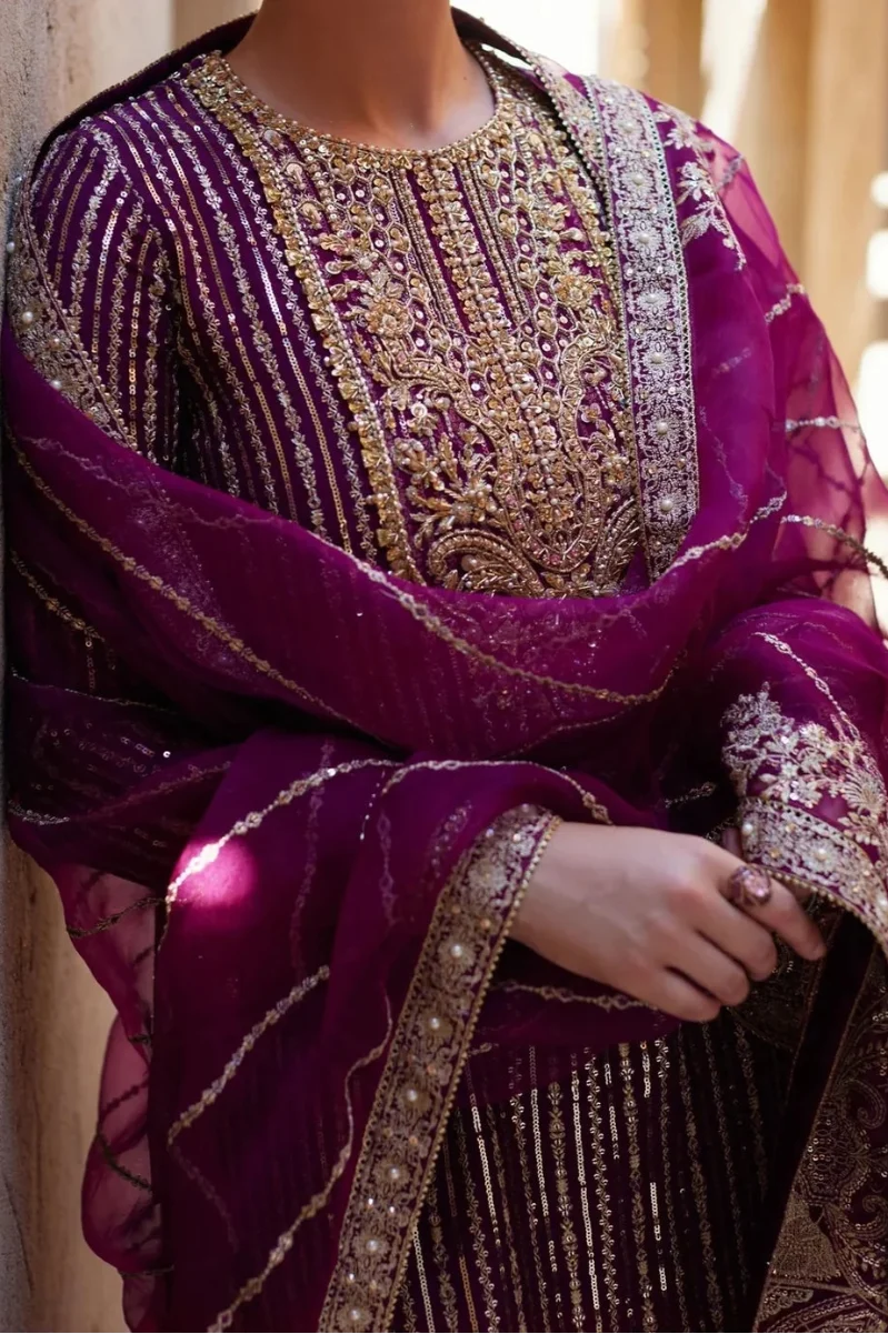 Royal Plum & Metallic Gold: Embroidered Chiffon Suit
