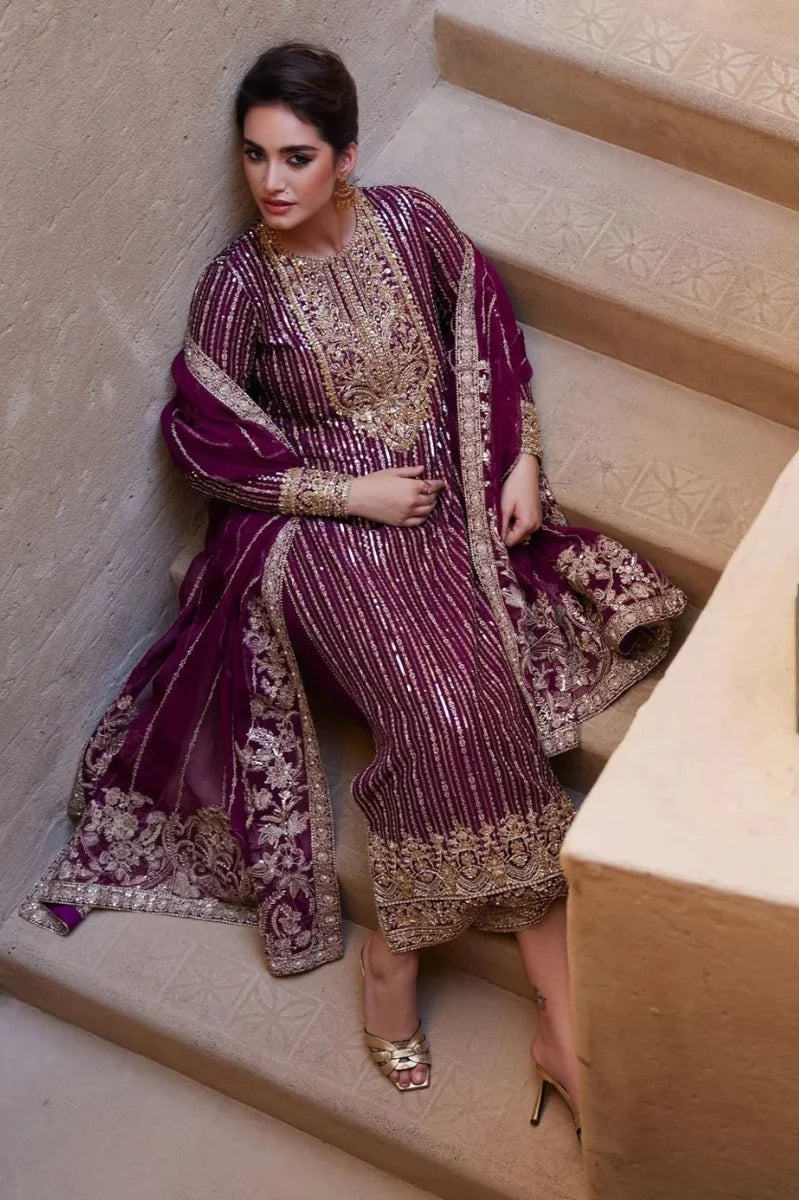 Royal Plum & Metallic Gold: Embroidered Chiffon Suit