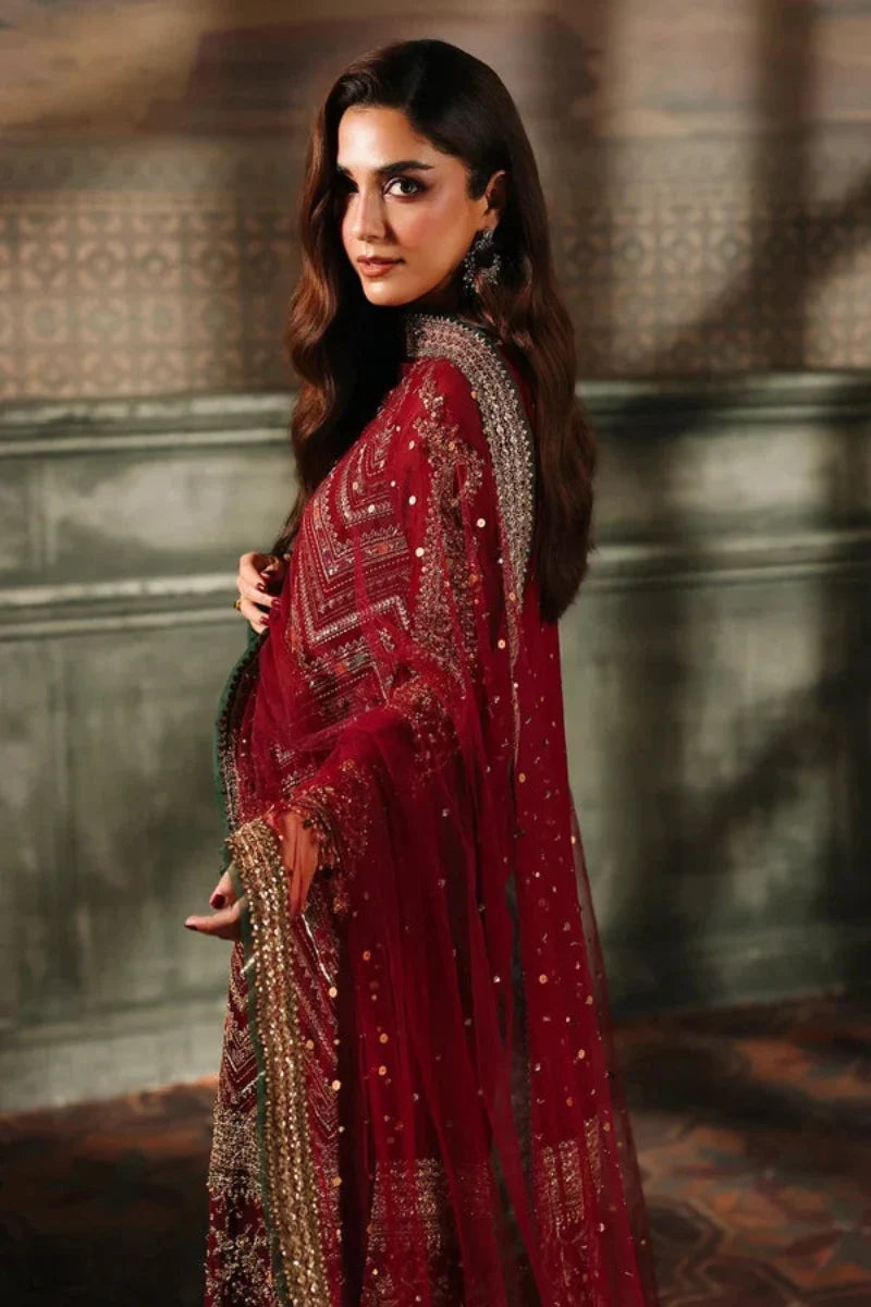 Maroon & Antique Gold: Embroidered Chiffon Suit