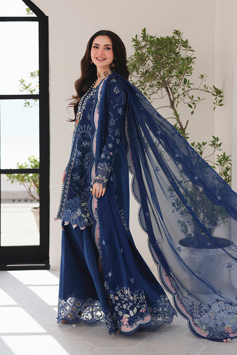 Blue Cotton 3 piece Suit with Chiffon Dupatta | Ready To Wear