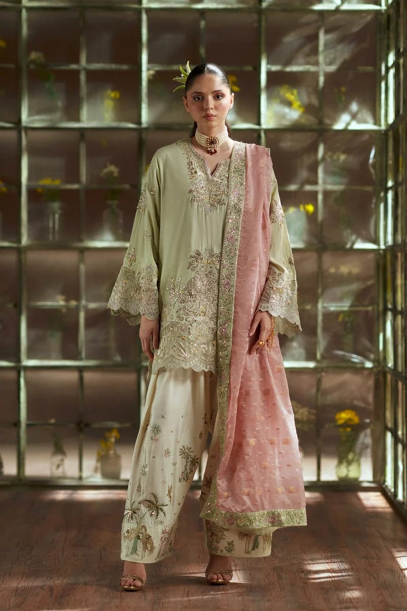 Raw Silk 3-Piece Suit with Heavy Sequin Embroidery & Jacquard Dupatta Ready To Wear