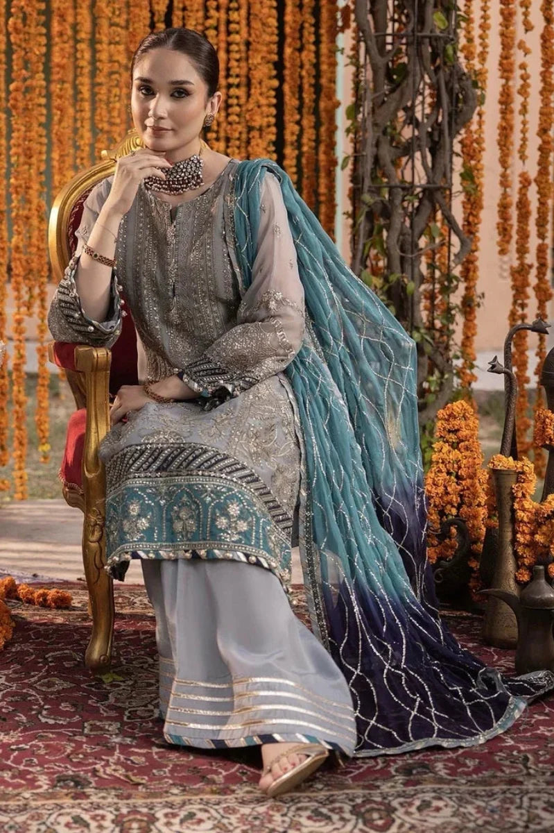 Steel Grey: Embroidered Chiffon Suit | Ready To Wear