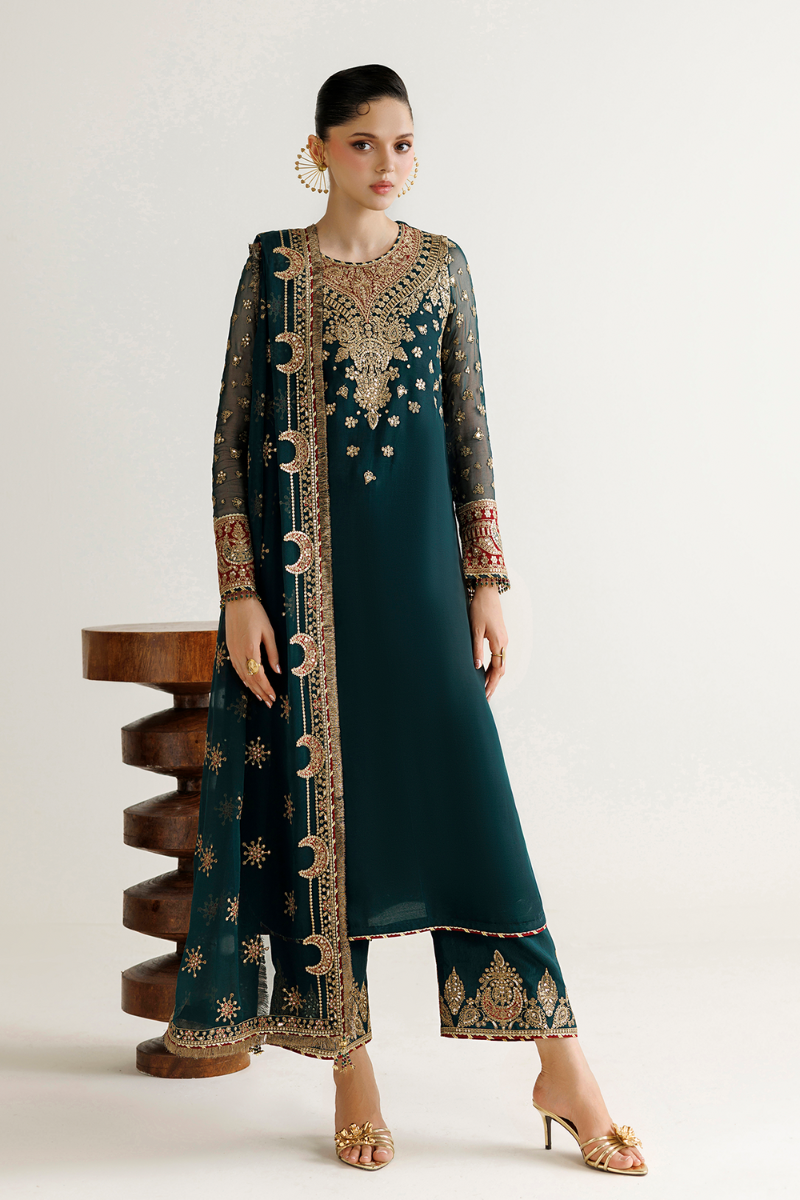 Teal Green Luxury Chiffon Embroidered 3-Piece Suit | Ready to Wear