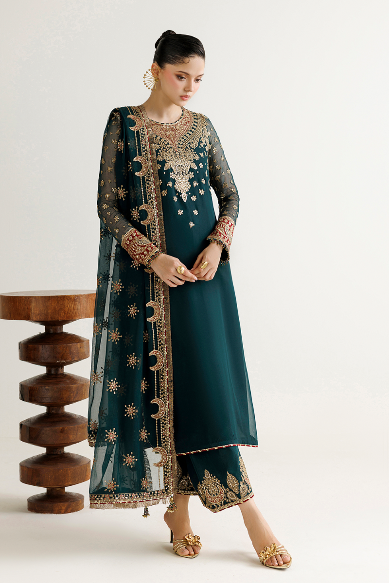 Teal Green Luxury Chiffon Embroidered 3-Piece Suit | Ready to Wear