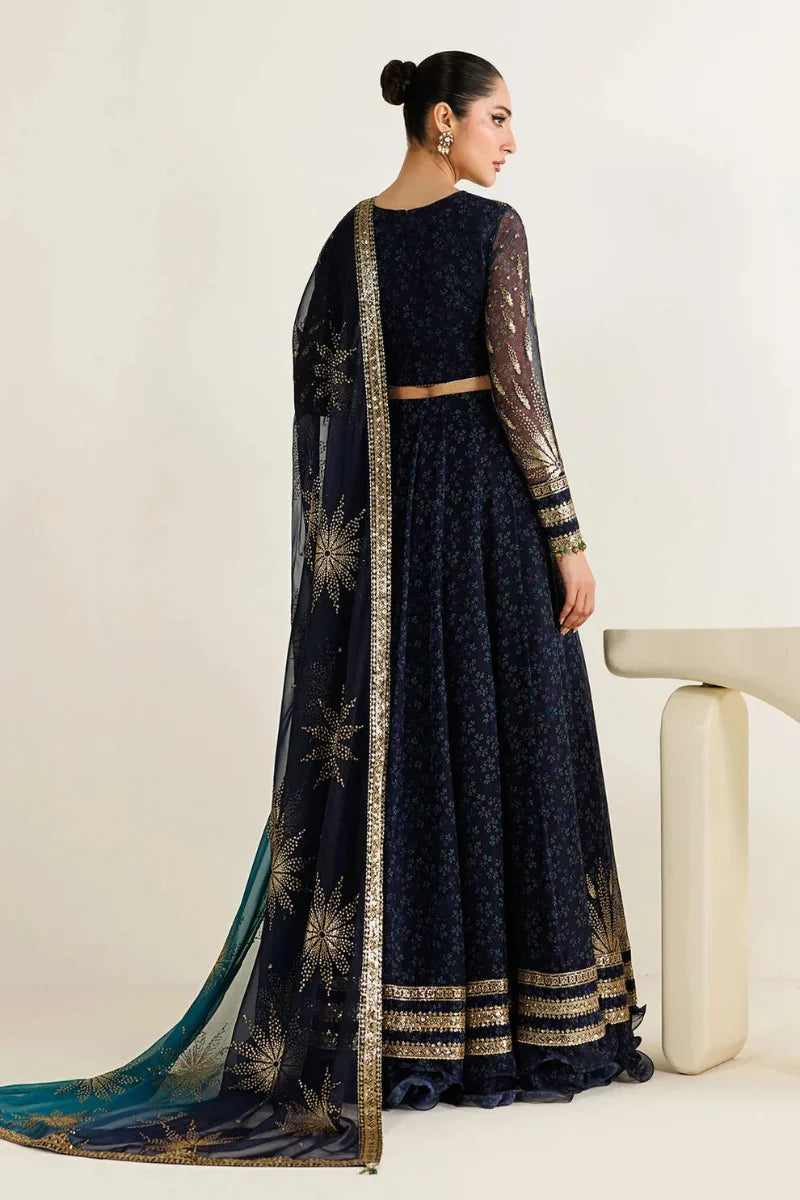 Dual-Tone Navy Teal: Printed & Embroidered Chiffon Maxi