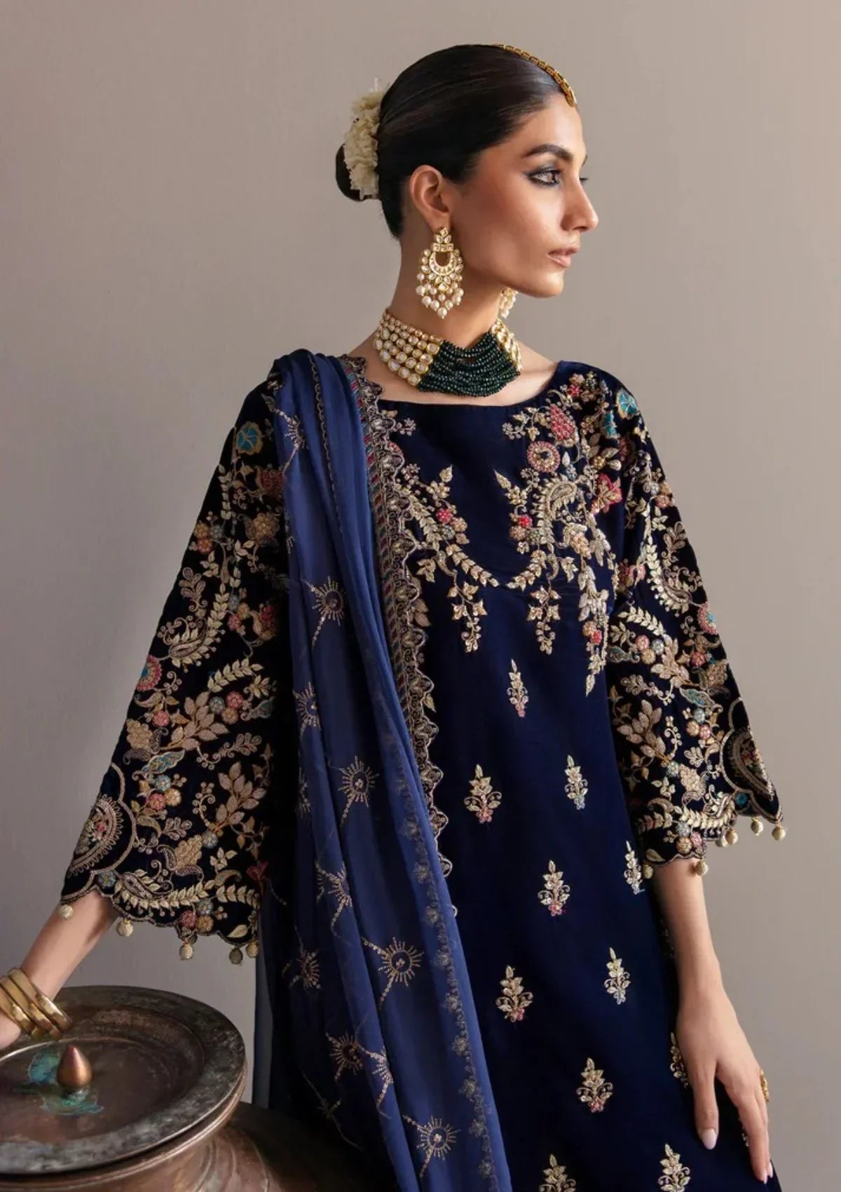 03-Piece Embroidered Velvet Suit With Chiffon Dupatta | Ready To Wear