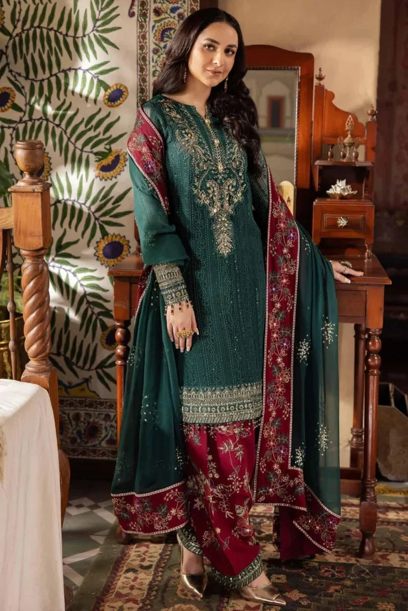 Luxury Embroidered 3-Piece Suit – Deep Green & Maroon | Ready To Wear