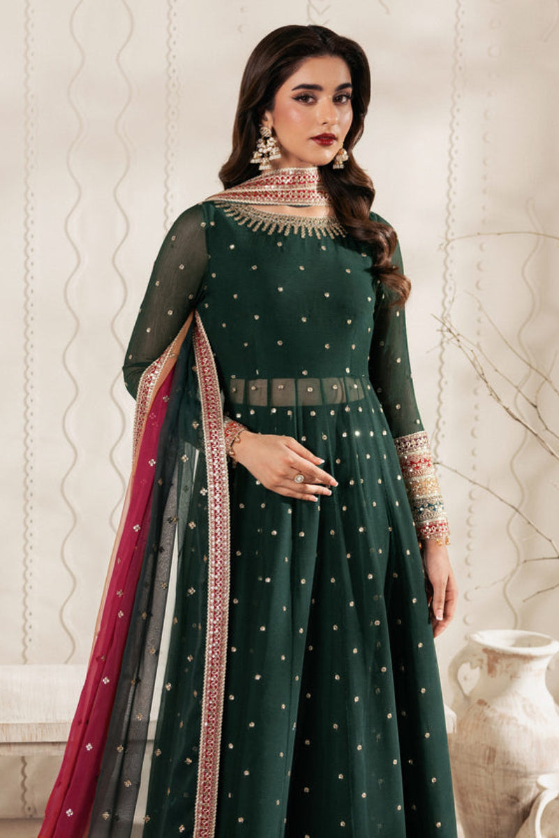 Emerald green Bridal Maxi Chiffon & Malai with Heavy Zari Embroidery | Ready-to-Wear