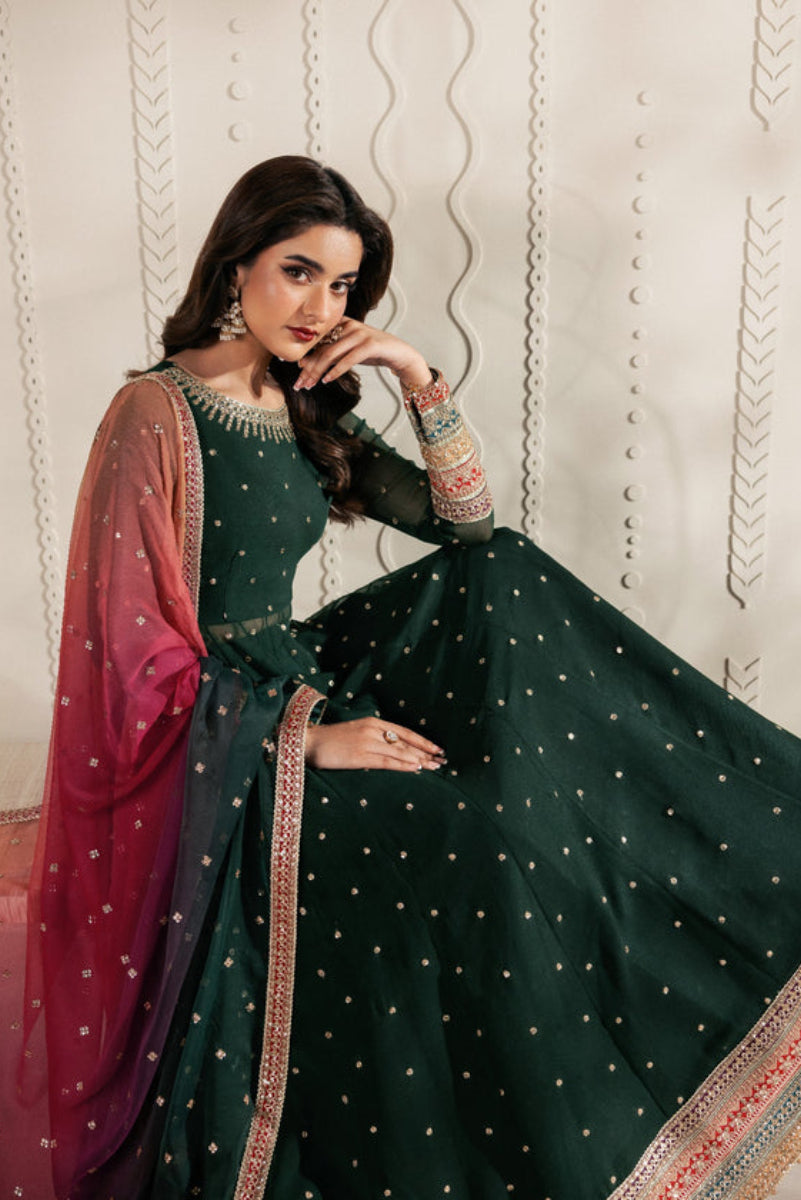 Emerald green Bridal Maxi Chiffon & Malai with Heavy Zari Embroidery | Ready-to-Wear