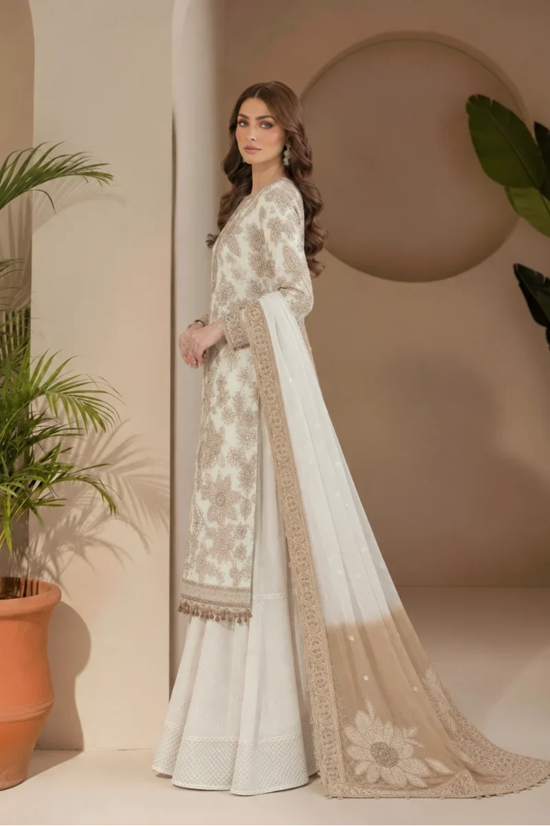 Ivory Chiffon Embroidered 3-Piece Suit with Printed Net Dupatta