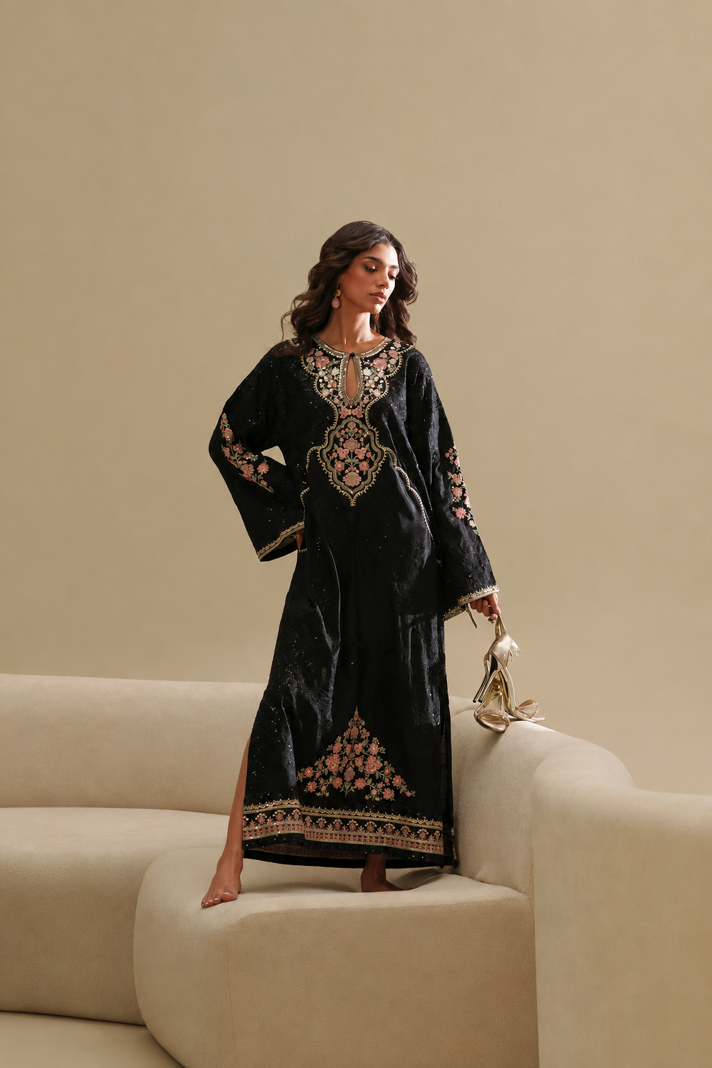 Black 2-Piece Ready to Wear Embroidered Shamoze Silk Suit