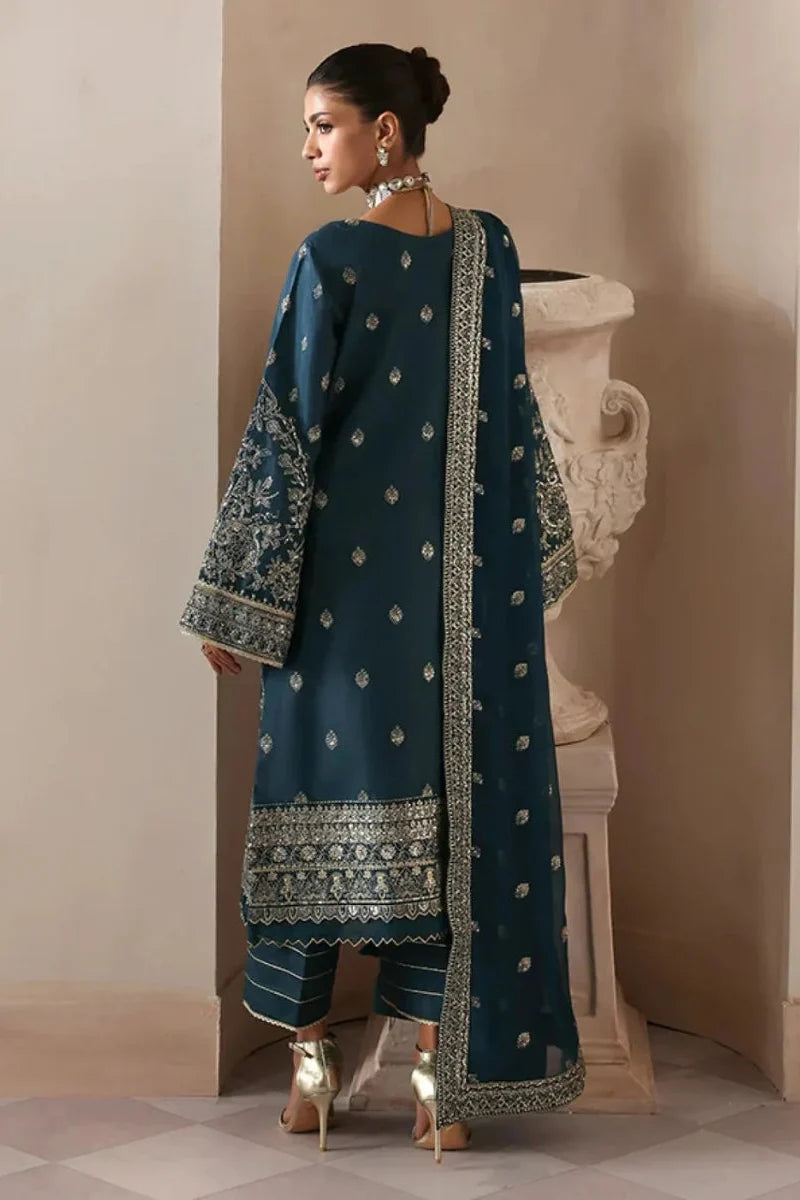Deep Midnight Teal & Gold: Embroidered Chiffon Suit