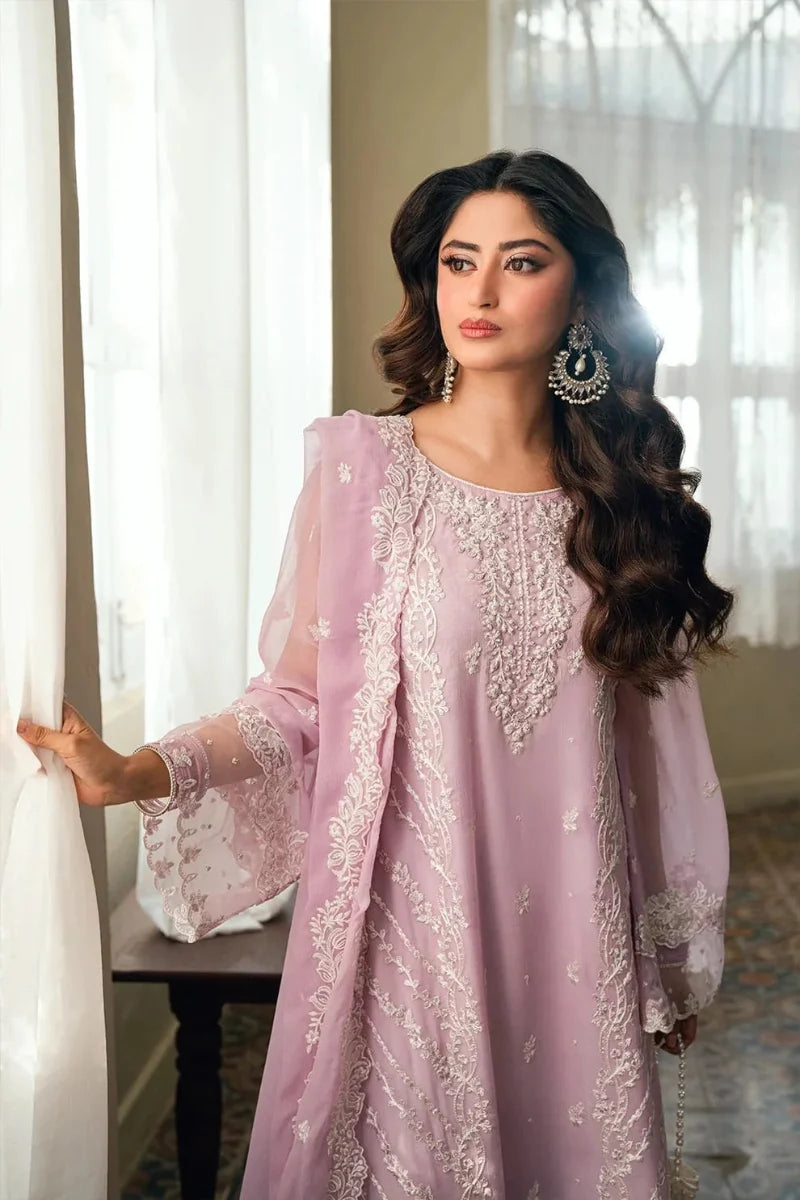 Pastel Lavender & Soft White: Embroidered Chiffon Suit