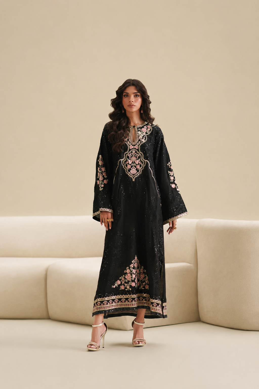 Black 2-Piece Ready to Wear Embroidered Shamoze Silk Suit