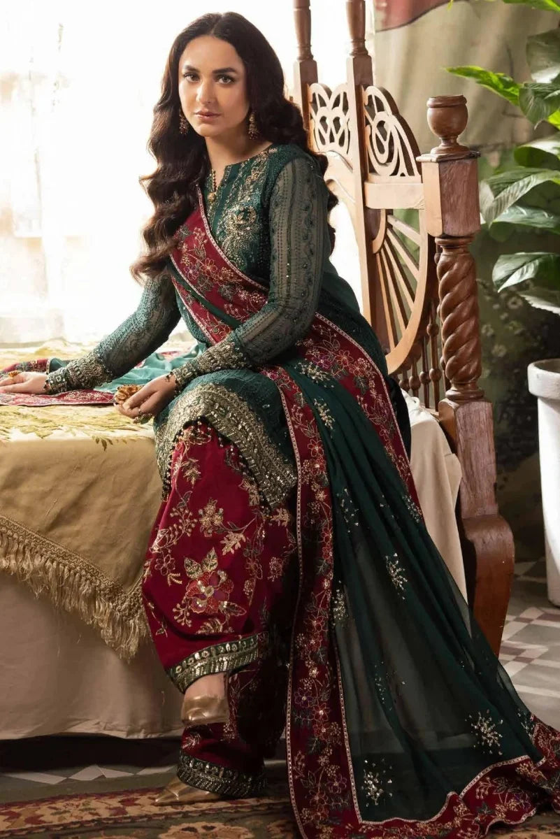 Luxury Embroidered 3-Piece Suit – Deep Green & Maroon | Ready To Wear
