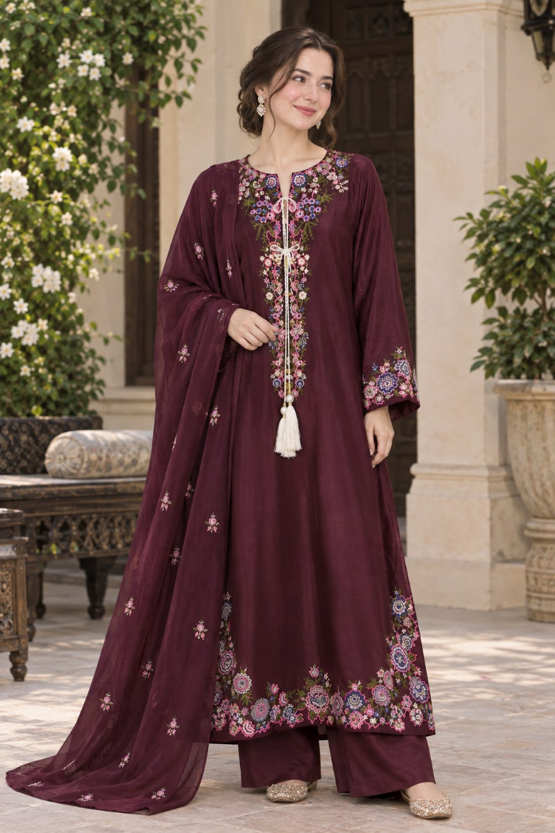 Plum / Deep Maroon Luxury Shamoz Silk Embroidered 3-Piece Suit | Ready to Wear