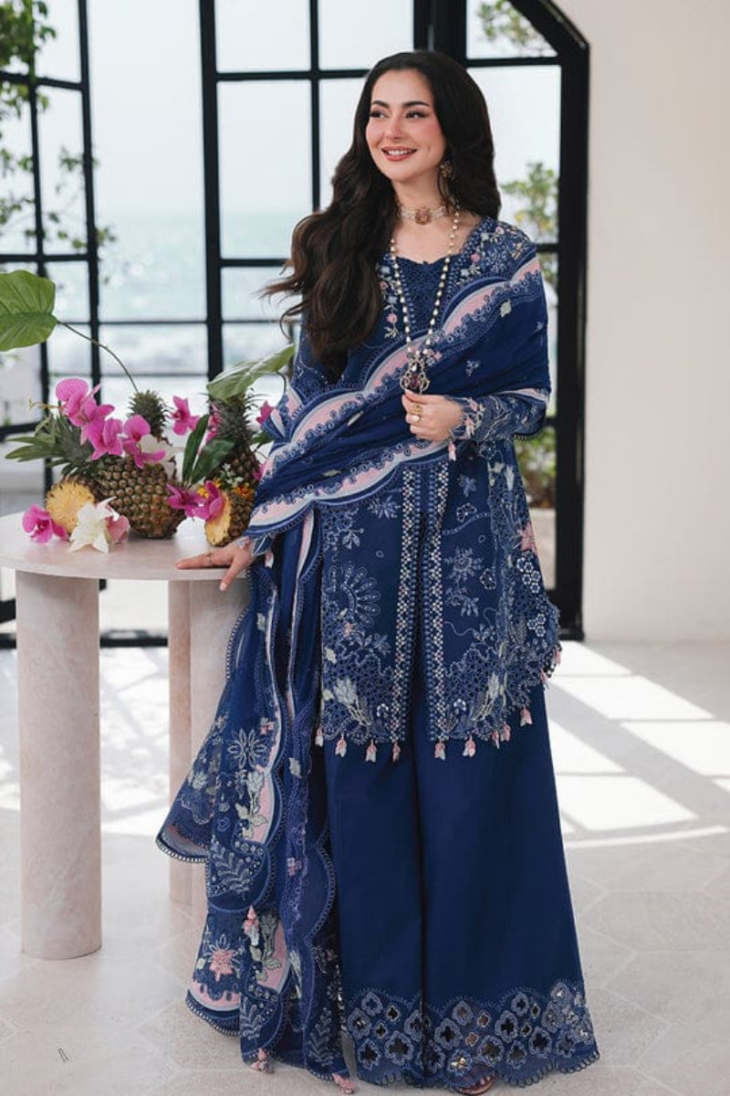Blue Cotton 3 piece Suit with Chiffon Dupatta | Ready To Wear