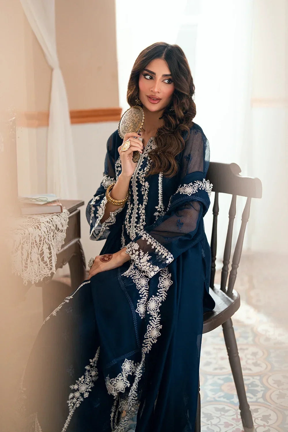 Navy Blue & Crisp White: Embroidered Chiffon Suit | Ready To Wear