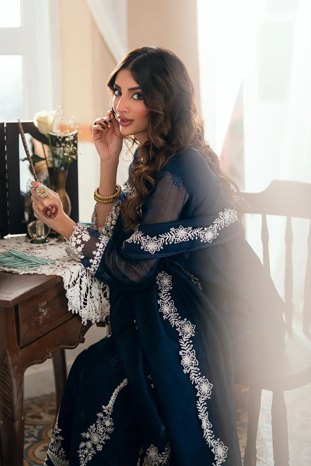 Navy Blue & Crisp White: Embroidered Chiffon Suit | Ready To Wear