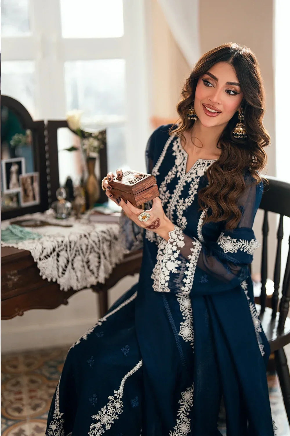 Navy Blue & Crisp White: Embroidered Chiffon Suit | Ready To Wear