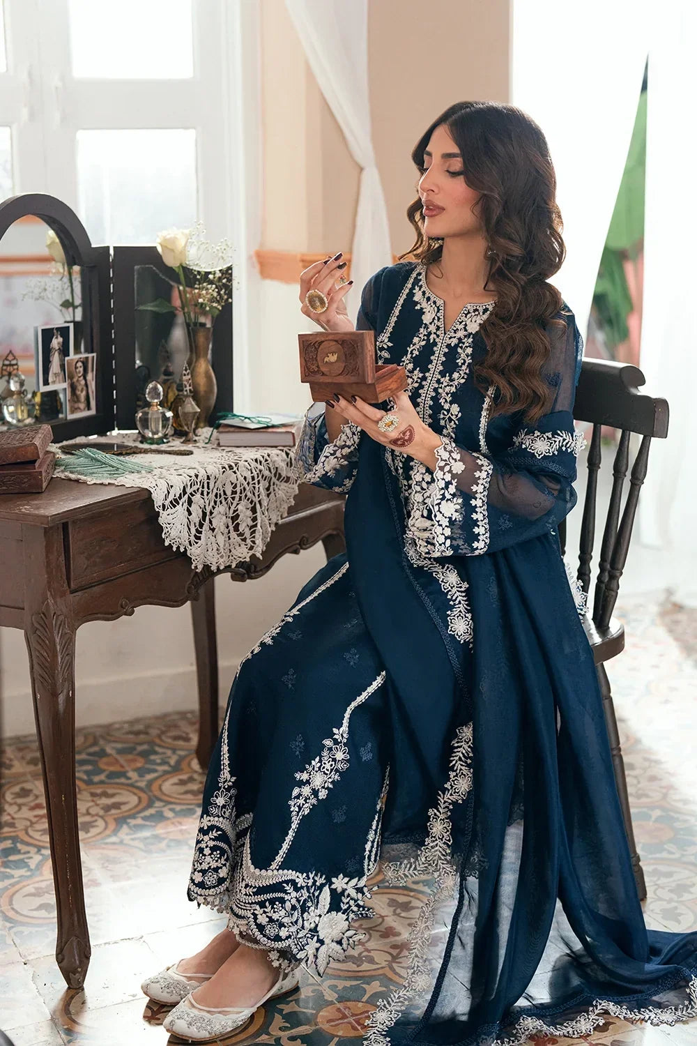 Navy Blue & Crisp White: Embroidered Chiffon Suit | Ready To Wear
