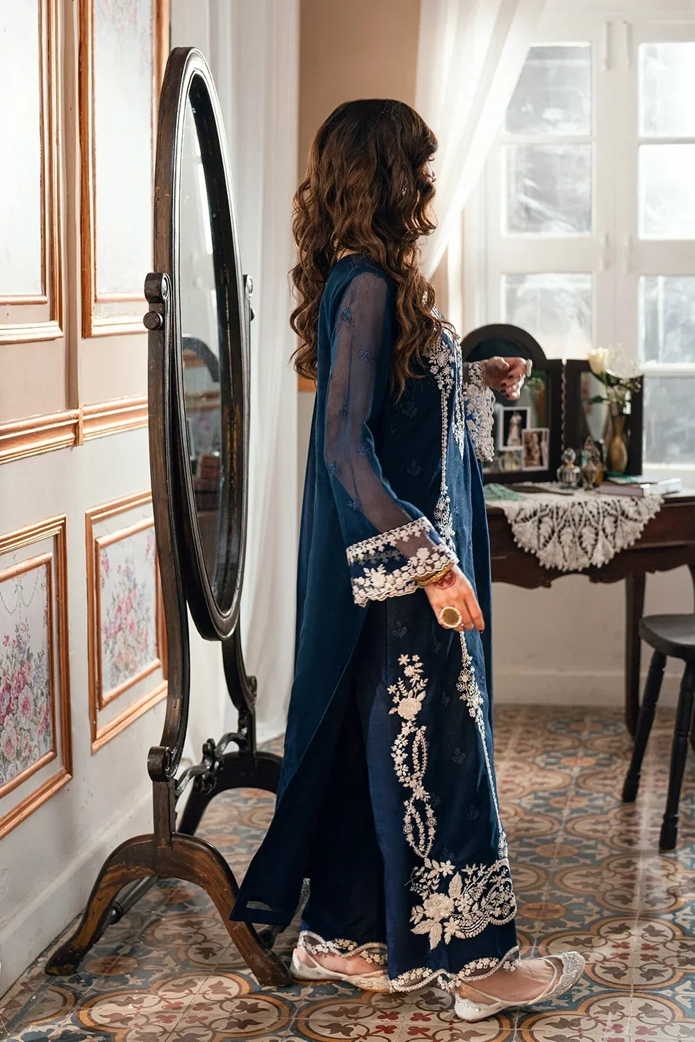 Navy Blue & Crisp White: Embroidered Chiffon Suit | Ready To Wear