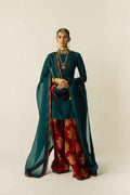 Emerald Green Semi Pure Chiffon Embroidered 3-Piece suit | Ready to Wear
