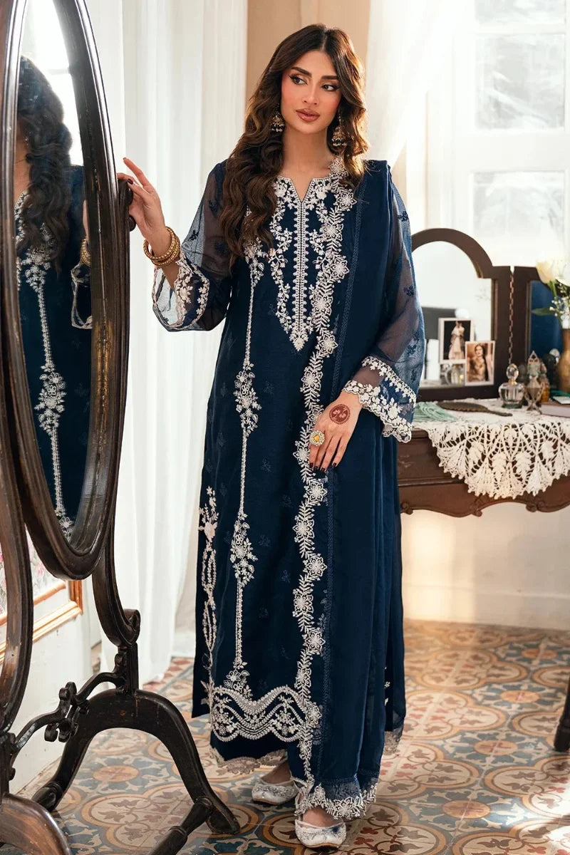 Navy Blue & Crisp White: Embroidered Chiffon Suit | Ready To Wear