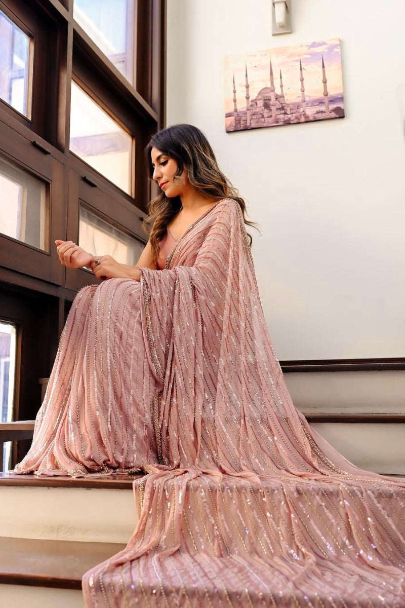 Semi Pure Chiffon Sequence Embroidered Saree | Ready To Wear