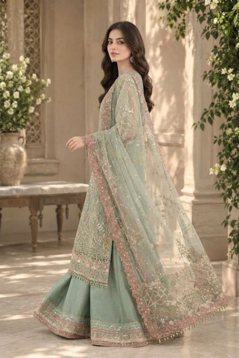 Sage Green Semi Pure Chiffon 3 piece Suit | Ready To Wear
