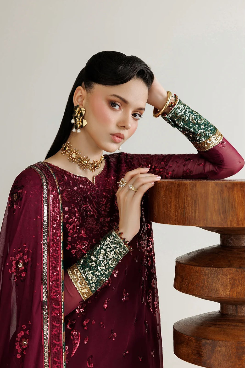 Maroon Semi Pure Chiffon 3 piece suit | Ready To Wear
