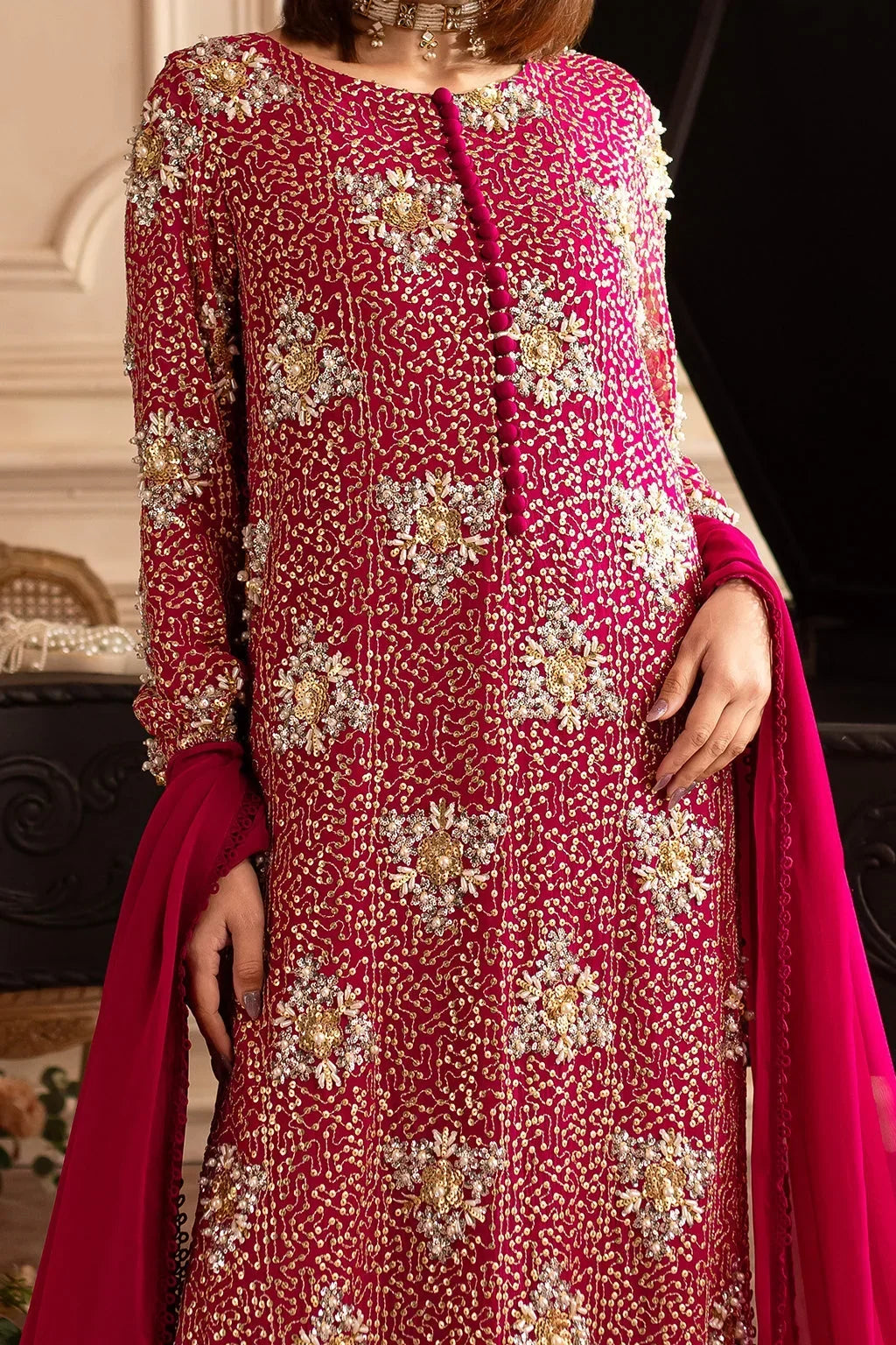 Hot Pink & Shimmering Silver: Embroidered Chiffon Suit | Ready To Wear