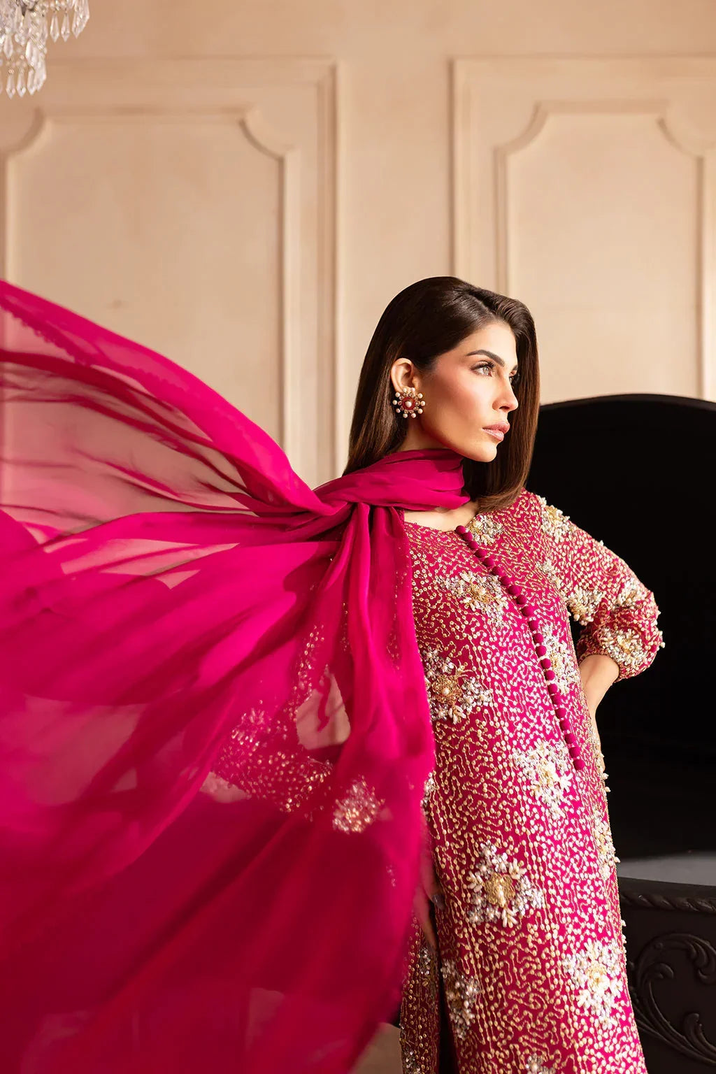 Hot Pink & Shimmering Silver: Embroidered Chiffon Suit | Ready To Wear