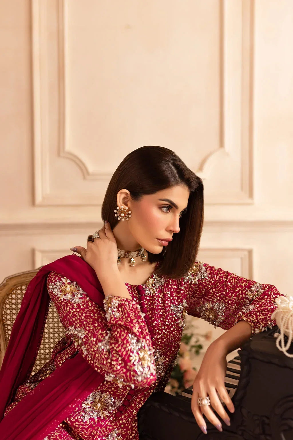 Hot Pink & Shimmering Silver: Embroidered Chiffon Suit | Ready To Wear
