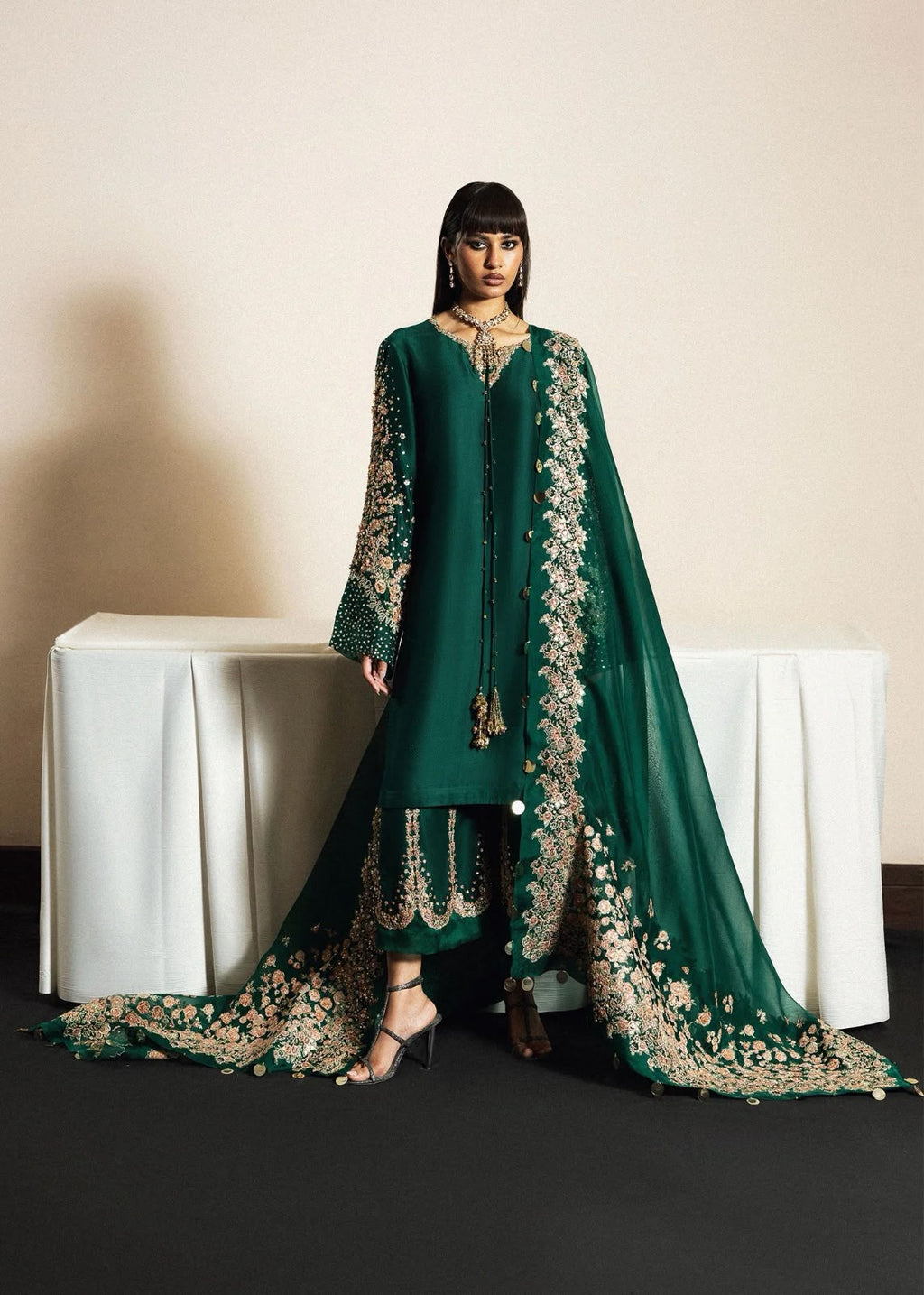 Bottle Green RAW SILK 03-piece suit | Ready To Wear