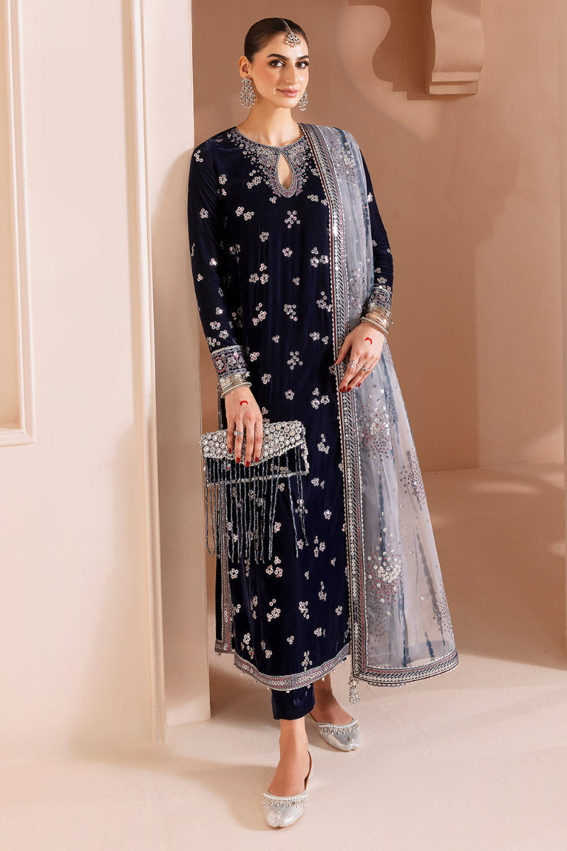 Navy Blue Velvet Heavy Sequined Embroidered 3-Piece Suit – Ready-to-Wear