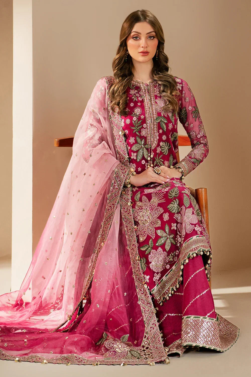 Pink Chiffon Embroidered Formal Suit with Silk Trouser & Net Dupatta | Ready to Wear