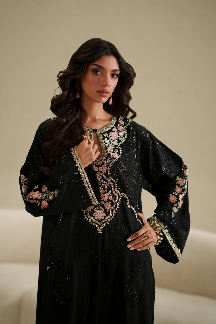 Black 2-Piece Ready to Wear Embroidered Shamoze Silk Suit