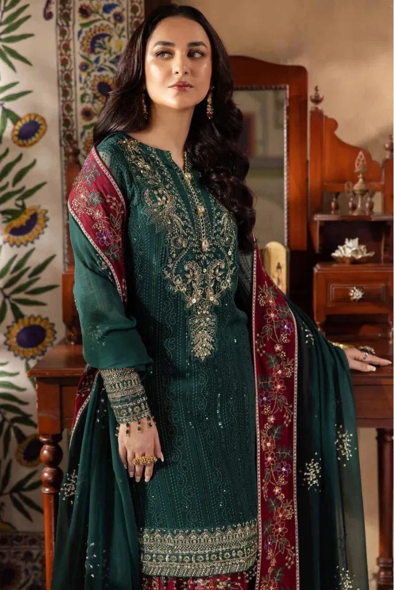 Luxury Embroidered 3-Piece Suit – Deep Green & Maroon | Ready To Wear