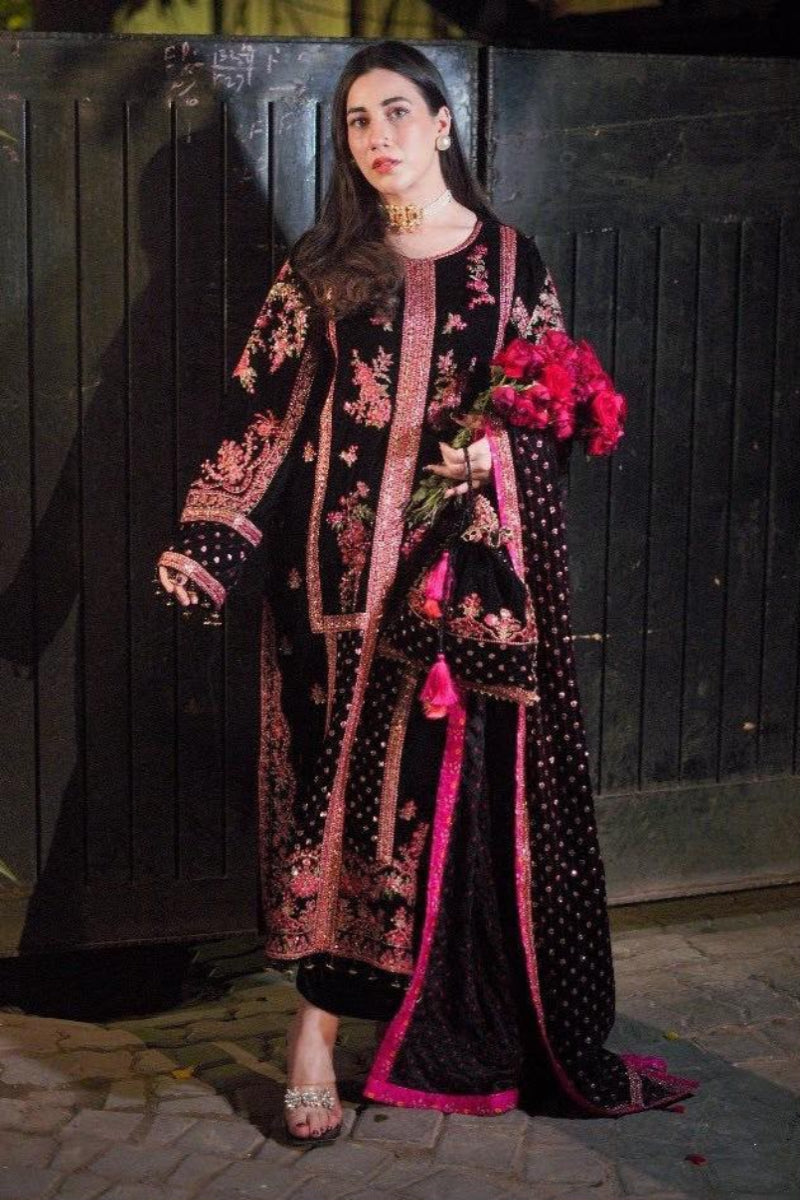 Black Black Velvet Heavy Embroidered 3-Piece Suit | Ready to Wear