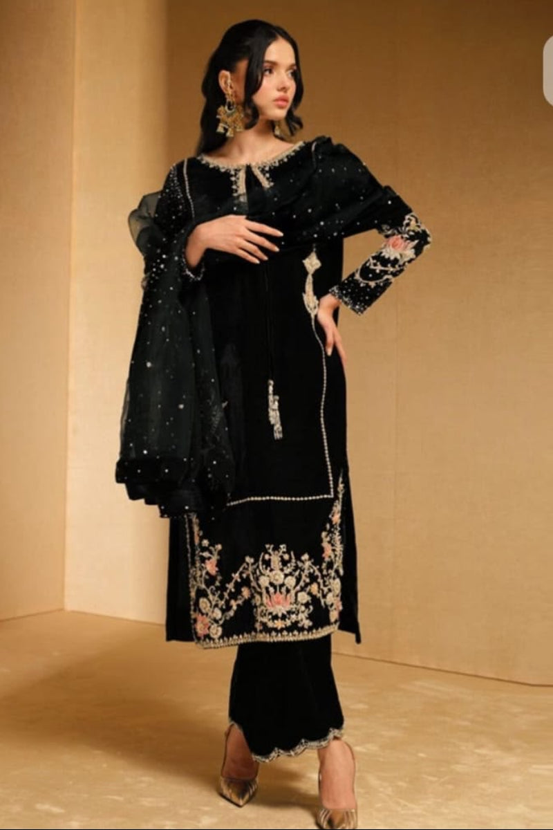 Black Velvet Embroidered 3-Piece Suit | Ready To Wear