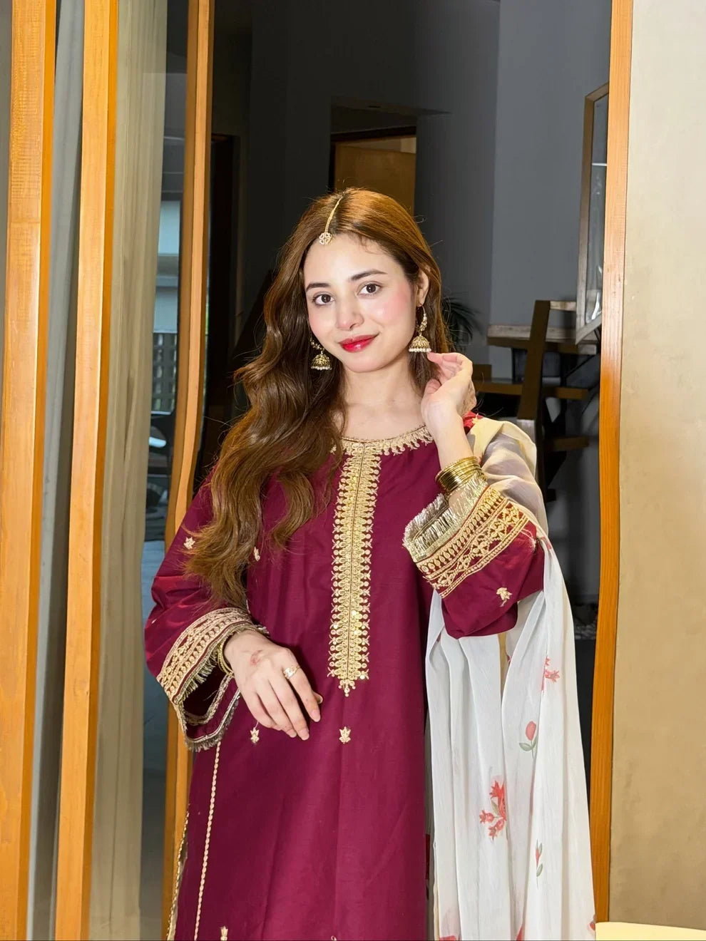 03-Piece Silk Suit With Printed Dupatta & Trouser | Ready To Weae