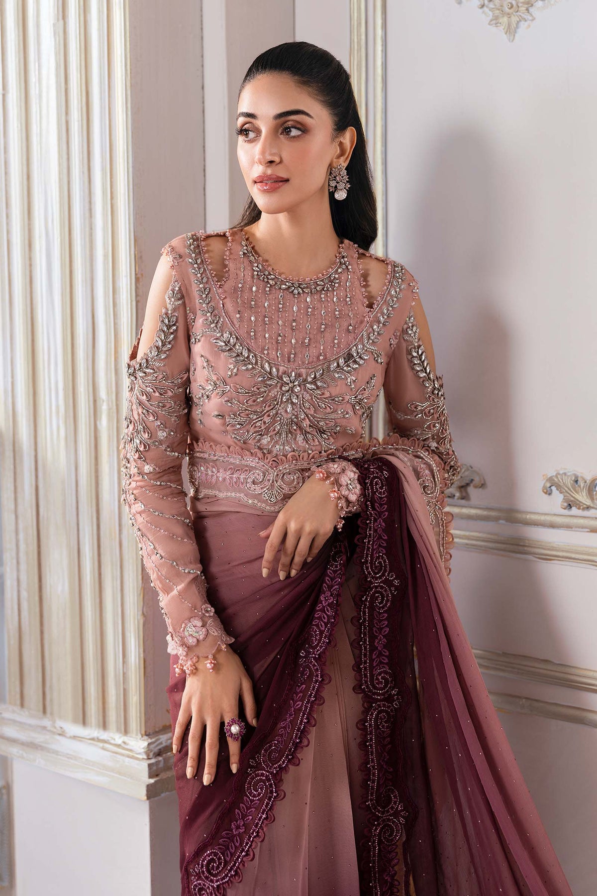 Dual-Tone Pink & Wine: Embroidered Net Saree | Ready To Wear