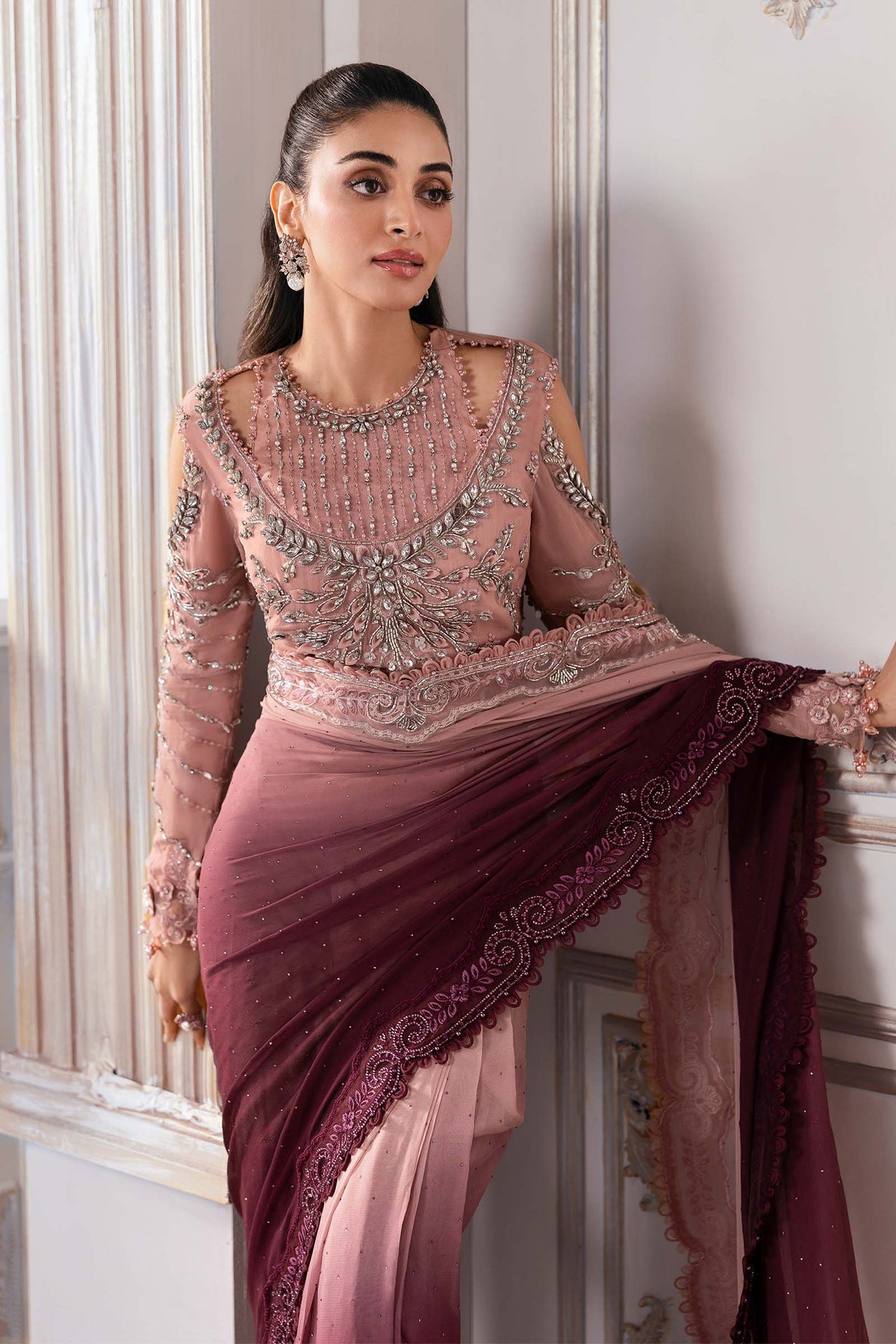 Dual-Tone Pink & Wine: Embroidered Net Saree | Ready To Wear