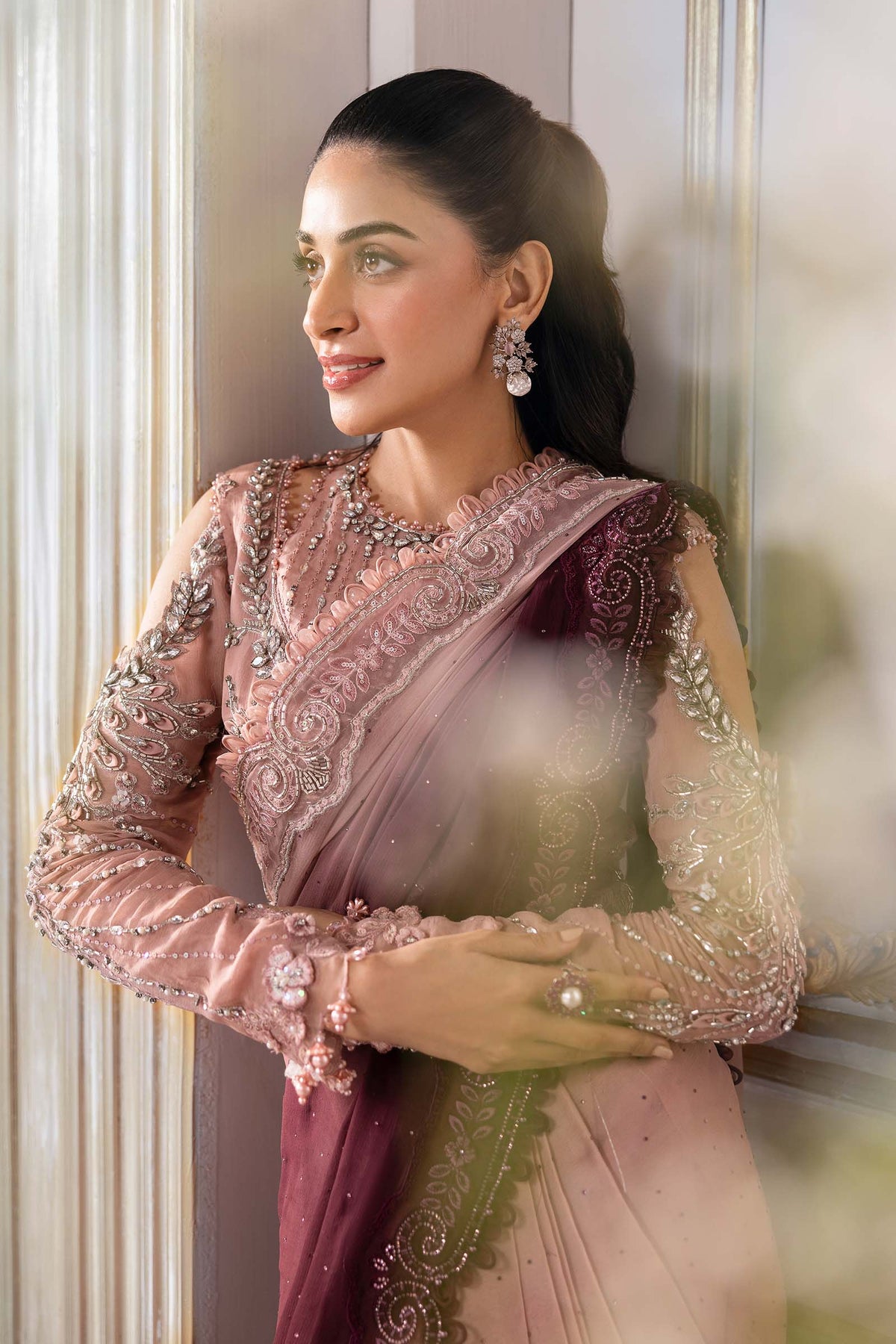 Dual-Tone Pink & Wine: Embroidered Net Saree | Ready To Wear