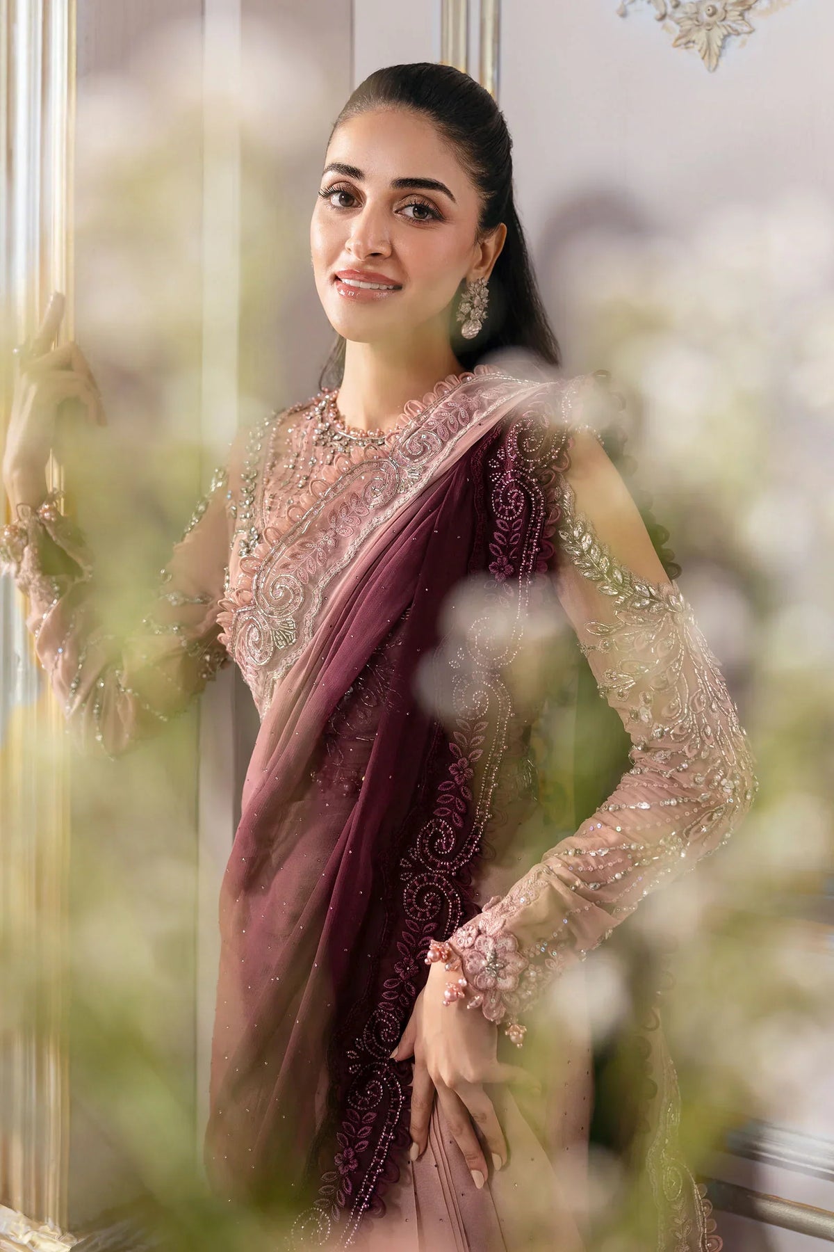 Dual-Tone Pink & Wine: Embroidered Net Saree | Ready To Wear