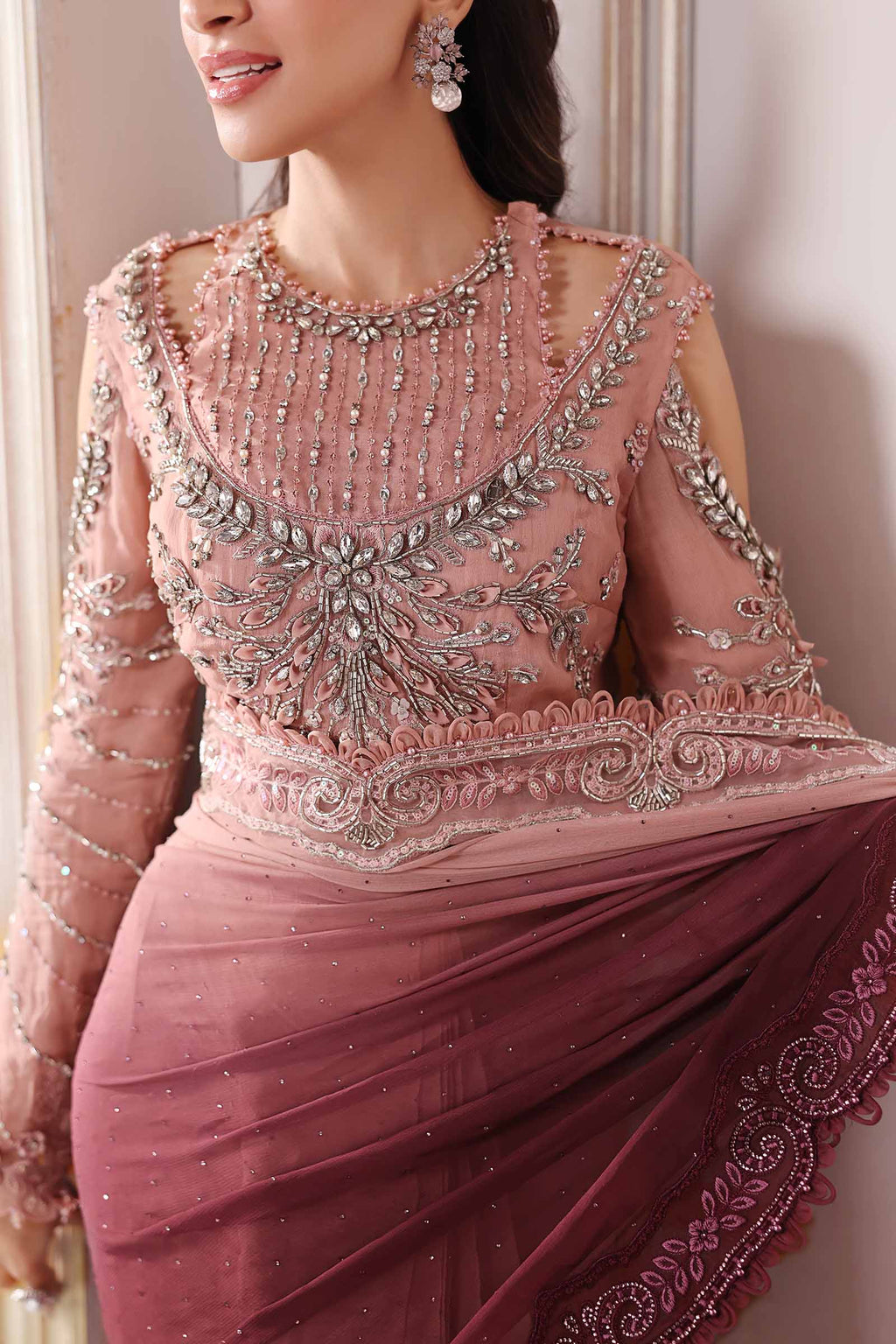 Dual-Tone Pink & Wine: Embroidered Net Saree | Ready To Wear