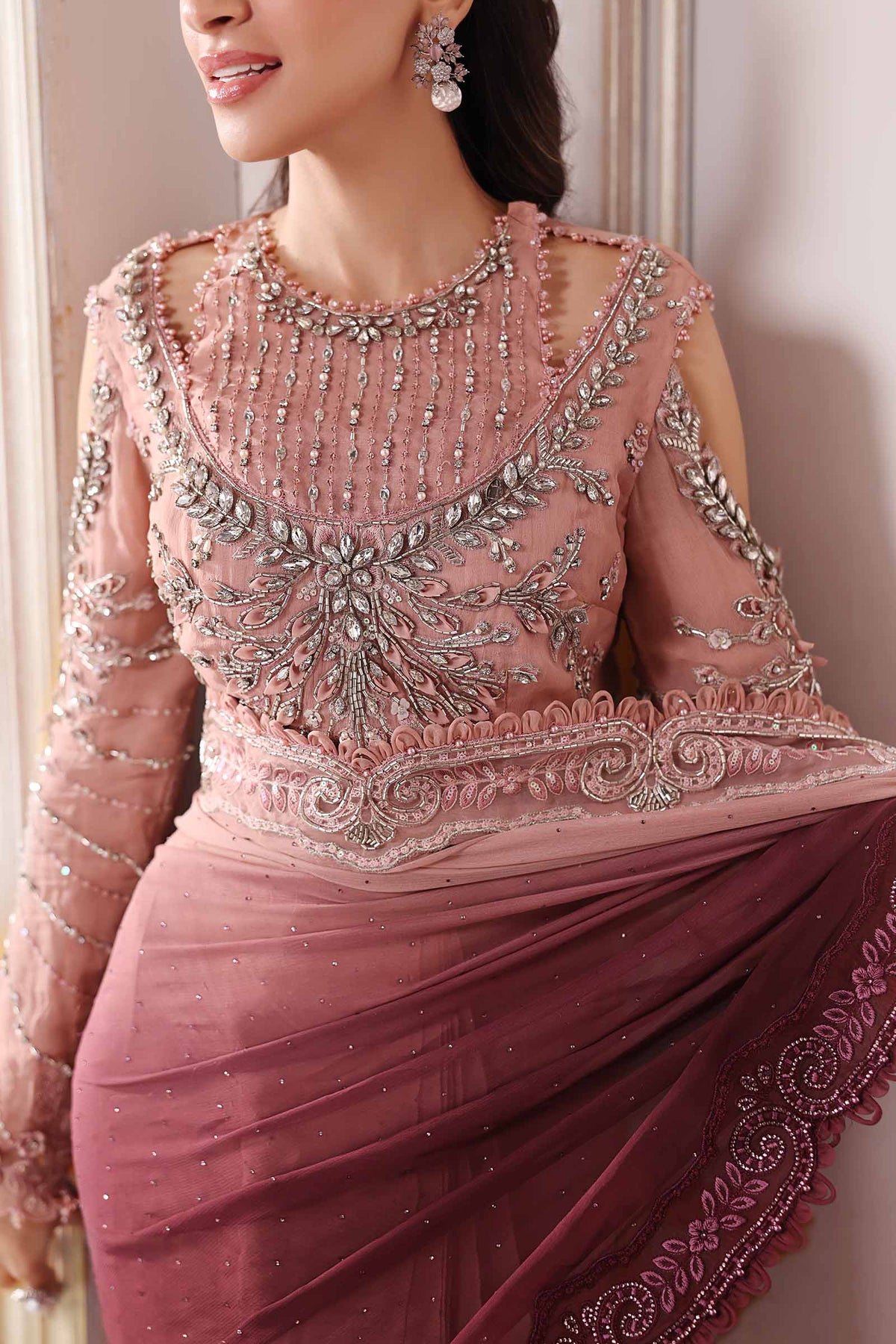 Dual-Tone Pink & Wine: Embroidered Net Saree | Ready To Wear